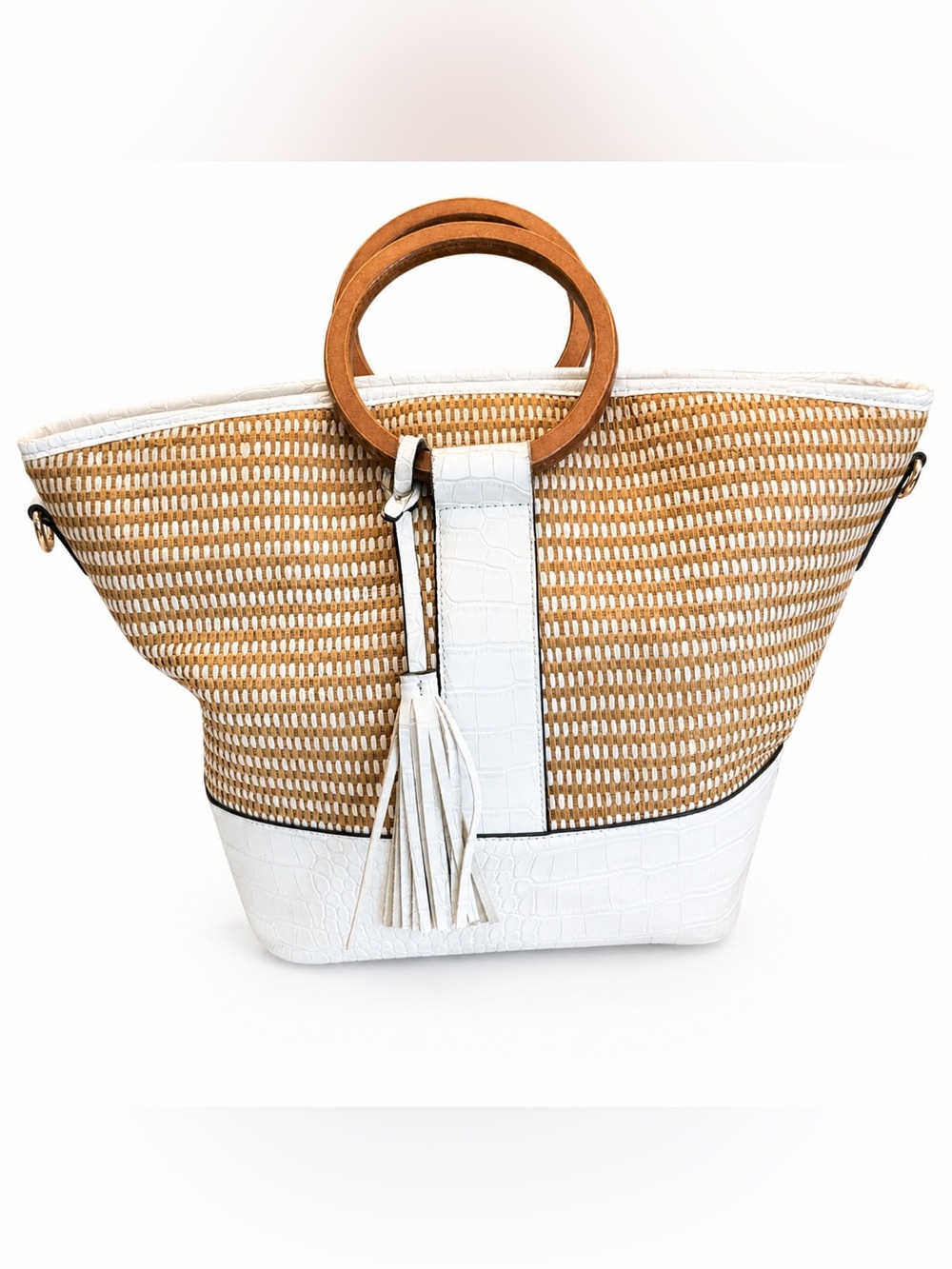 Coastal Woven Straw Tote Bag White Croc Trim Wood Ring Handles